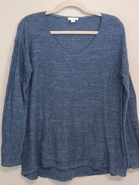 J. Jill Blue V-Neck Oversized Lightweight Pocket 100% Cotton Knit Sweater Small